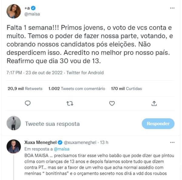 Xuxa esculacha Jair Bolsonaro em post de Maísa (Foto: Reprodução/Twitter) Xuxa esculacha Jair Bolsonaro em post de Maísa (Foto: Reprodução/Twitter)