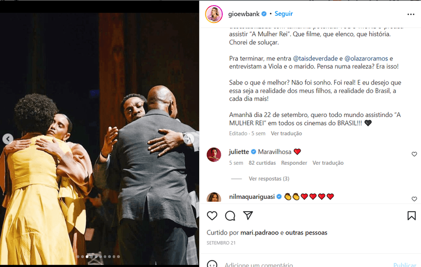 Momento de Taís Araújo e Lazaro Ramos comentado por Gio Ewbank nas redes sociais (Foto Reprodução/Instagram) Momento de Taís Araújo e Lazaro Ramos comentado por Gio Ewbank nas redes sociais (Foto Reprodução/Instagram)