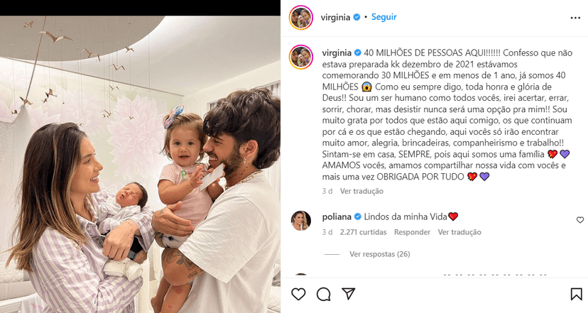 Virginia fez uma outra postagem, aproveitou para agradecer seus 40 milhões de seguidores (Foto Reprodução/Instagram) Virginia fez uma outra postagem, aproveitou para agradecer seus 40 milhões de seguidores (Foto Reprodução/Instagram)