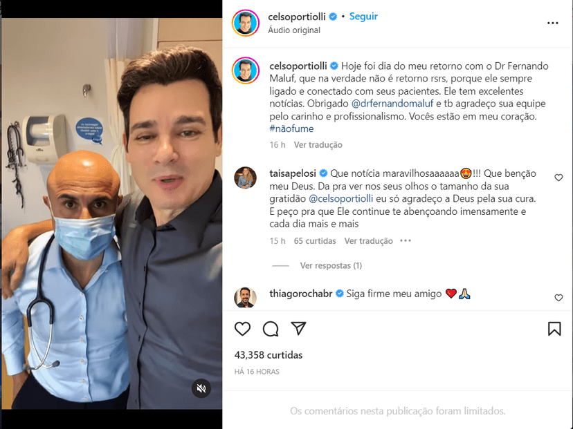Celso Portiolli compartilhou um vídeo ao lado do seu médico em suas redes sociais (Foto Reprodução/Instagram) Celso Portiolli compartilhou um vídeo ao lado do seu médico em suas redes sociais (Foto Reprodução/Instagram)