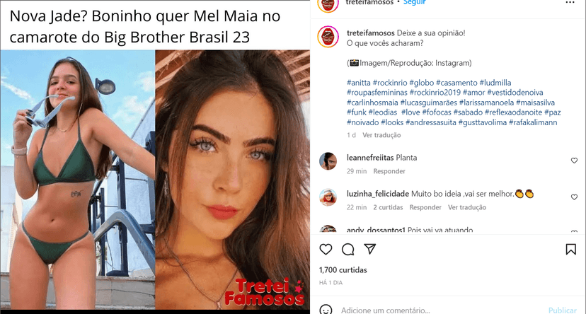 Pagina "tretei famosos" foi quem compartilhou a informação nas redes sociais (Foto Reprodução/Instagram) Pagina "tretei famosos" foi quem compartilhou a informação nas redes sociais (Foto Reprodução/Instagram)