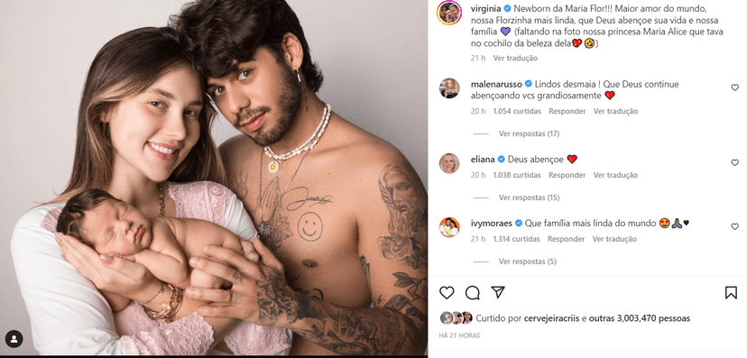 Virginia Fonseca e Zé Felipe posam com a pequena Maria Flor (Foto Reprodução/Instagram) Virginia Fonseca e Zé Felipe posam com a pequena Maria Flor (Foto Reprodução/Instagram)