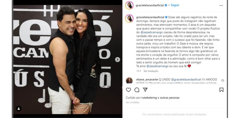 Graciele Lacerda surge ao lado de Zezé e faz textão Graciele Lacerda surge ao lado de Zezé e faz textão