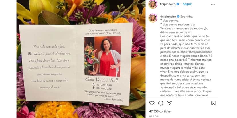 Ticiane Pinheiro faz homenagem a sogra Ticiane Pinheiro faz homenagem a sogra