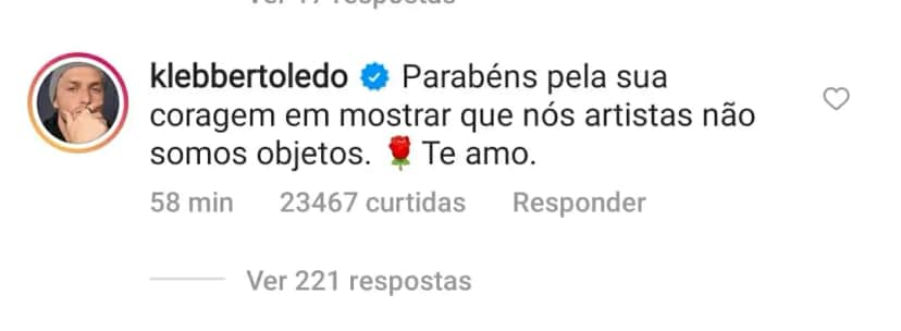 Comentário que o Klebber Toledo fez nas redes sociais na época (Foto Reprodução/Internet) Comentário que o Klebber Toledo fez nas redes sociais na época (Foto Reprodução/Internet)
