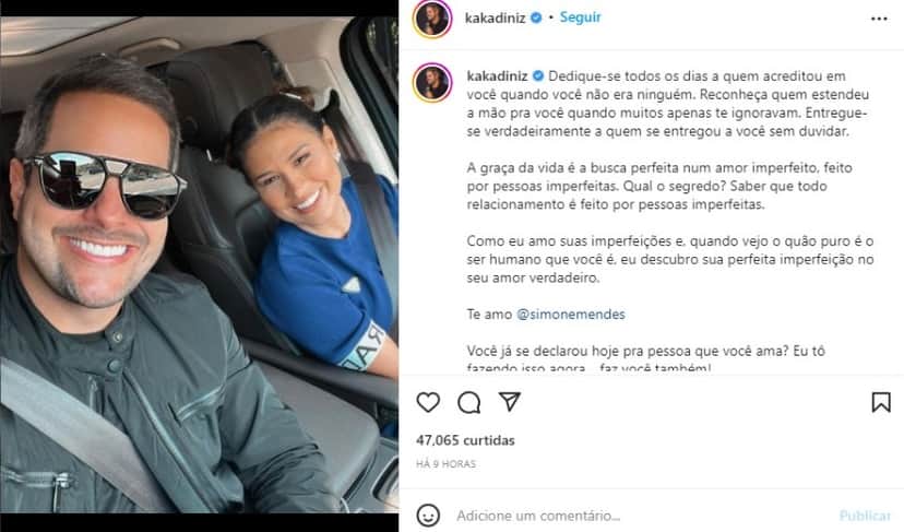 Kaká Diniz se declara para Simone (Foto: Reprodução/Instagram) Kaká Diniz se declara para Simone (Foto: Reprodução/Instagram)