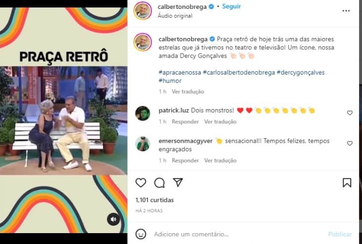 Carlos Alberto de Nóbrega surge ao lado de Dercy Gonçalves na Praça É Nossa (Foto: Reprodução/Instagram) Carlos Alberto de Nóbrega surge ao lado de Dercy Gonçalves na Praça É Nossa (Foto: Reprodução/Instagram)