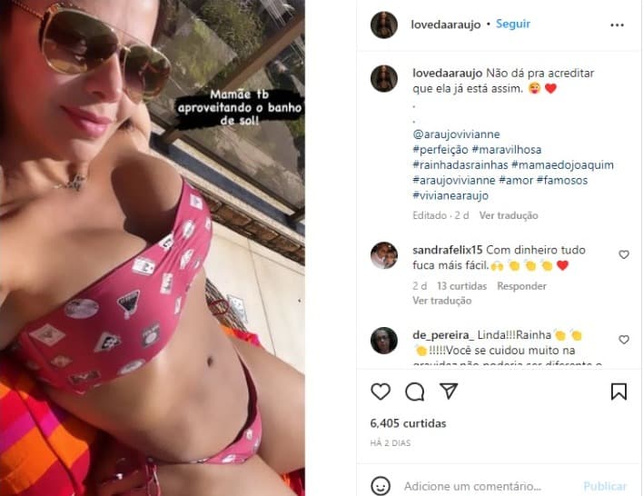 Viviane Araújo surgiu tomando sol de biquíni com a barriga chapada um mês após o nascimento de Joaquim (Foto: Reprodução/Instagram) Viviane Araújo surgiu tomando sol de biquíni com a barriga chapada um mês após o nascimento de Joaquim (Foto: Reprodução/Instagram)
