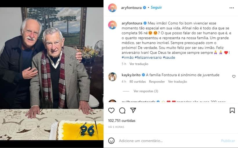 Ary Fontoura se declara para seu irmão (Foto: Reprodução/Instagram) Ary Fontoura se declara para seu irmão (Foto: Reprodução/Instagram)