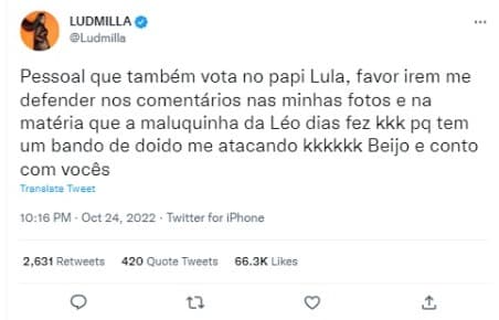 Ludmilla faz apelo aos fãs (Foto: Reprodução/Twitter) Ludmilla faz apelo aos fãs (Foto: Reprodução/Twitter)