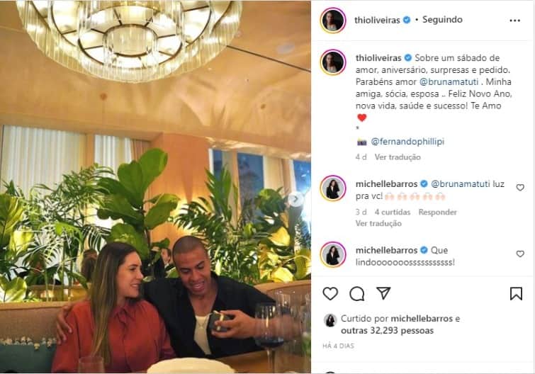 Thiago Oliveira aproveita o aniversário da namorada, Bruna Matuti, se declara e pede sua mão em casamento (Foto: Reprodução/Instagram) Thiago Oliveira aproveita o aniversário da namorada, Bruna Matuti, se declara e pede sua mão em casamento (Foto: Reprodução/Instagram)