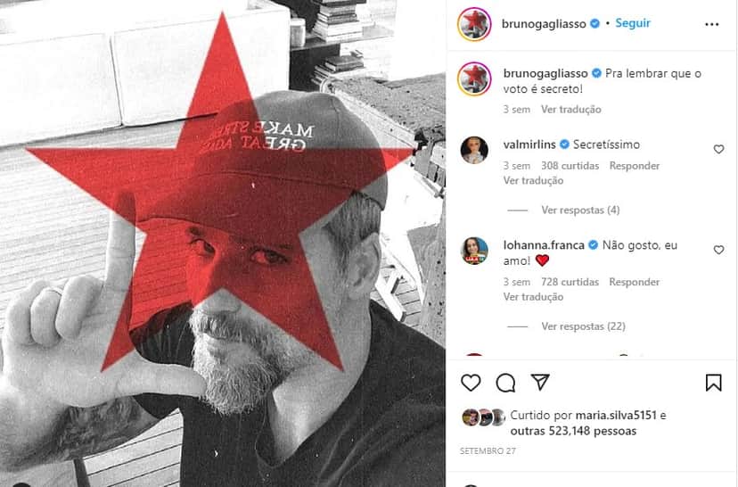 Bruno Gagliasso assume voto em Lula - Foto: Reprodução Bruno Gagliasso assume voto em Lula - Foto: Reprodução