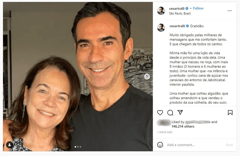 César Tralli publica homenagem à mãe, que faleceu recentemente (Foto: Reprodução/Instagram) César Tralli publica homenagem à mãe, que faleceu recentemente (Foto: Reprodução/Instagram)