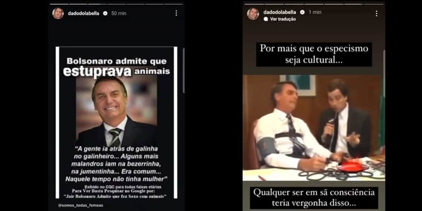 Dado Dolabella divulga vídeo em que Jair Bolsonaro revela ter cometido zoofilia (Reprodução: Instagram) Dado Dolabella divulga vídeo em que Jair Bolsonaro revela ter cometido zoofilia (Reprodução: Instagram)