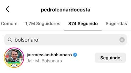 Pedro Leonardo segue Bolsonaro (Reprodução) Pedro Leonardo segue Bolsonaro (Reprodução)