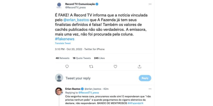 De acordo com a Record, informações de Erlan Bastos são falsas (Reprodução) De acordo com a Record, informações de Erlan Bastos são falsas (Reprodução)