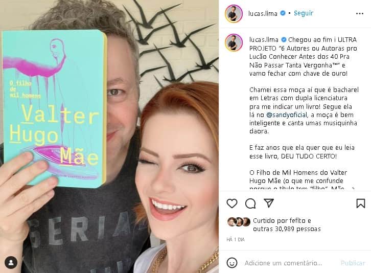 Lucas Lima expôs que Sandy sugeriu um livro, mas somente agora ele decidiu fazer a leitura (Foto: Reprodução/ Instagram) Lucas Lima expôs que Sandy sugeriu um livro, mas somente agora ele decidiu fazer a leitura (Foto: Reprodução/ Instagram)
