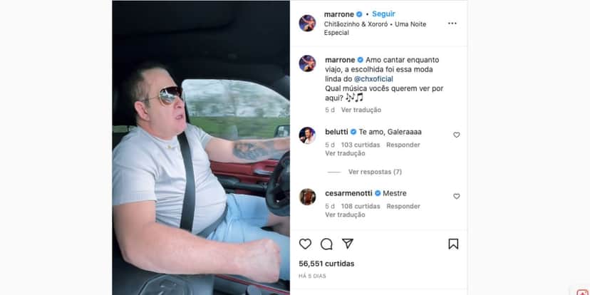 Marrone canta música de Chitãozinho e Xororó em viagem (Reprodução) Marrone canta música de Chitãozinho e Xororó em viagem (Reprodução)