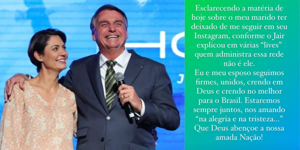 Michelle Bolsonaro esclarce o motivo de Jair Bolsonaro não segui-la nas redes sociais (Reprodução: Instagram) Michelle Bolsonaro esclarce o motivo de Jair Bolsonaro não segui-la nas redes sociais (Reprodução: Instagram)