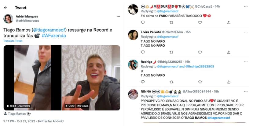 Fãs se animam ao ver Tiago Ramos na Record (Reprodução) Fãs se animam ao ver Tiago Ramos na Record (Reprodução)