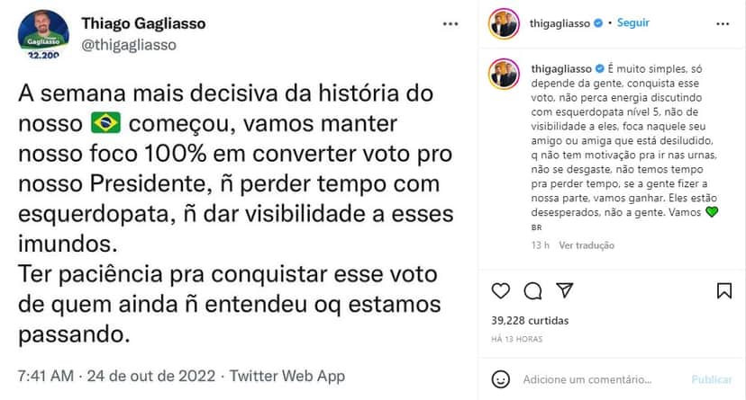 Thiago Galiasso mobiliza com campanha política nas redes sociais - Foto: Reprodução Thiago Galiasso mobiliza com campanha política nas redes sociais - Foto: Reprodução