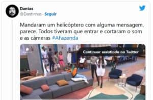 A Fazenda 14 - Mensagem subliminar? Record corta sinal ao vivo após possível invasão de helicóptero na tarde desta terça-feira (11) (Foto: Reprodução / Twitter) A Fazenda 14 - Mensagem subliminar? Record corta sinal ao vivo após possível invasão de helicóptero na tarde desta terça-feira (11) (Foto: Reprodução / Twitter)