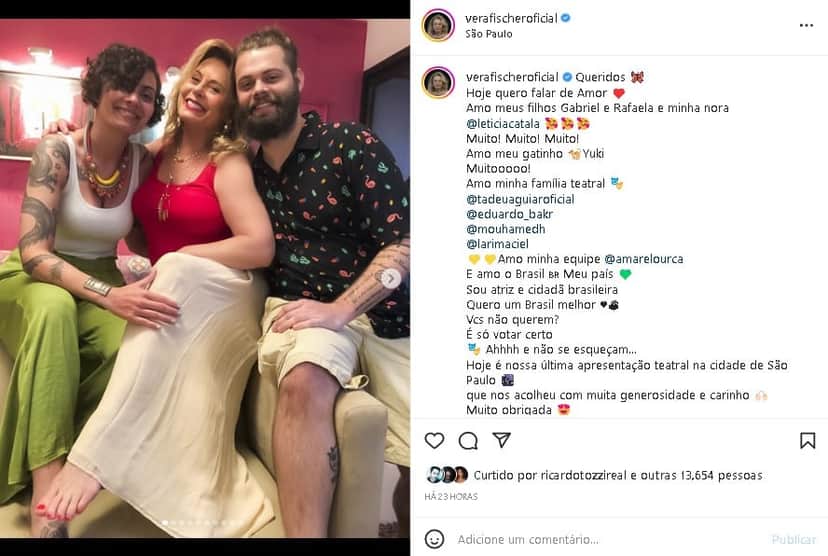 Vera Fishcer surgiu na companhia de seus filhos e surpreendeu (Foto: Reprodução/ Instagram) Vera Fishcer surgiu na companhia de seus filhos e surpreendeu (Foto: Reprodução/ Instagram)