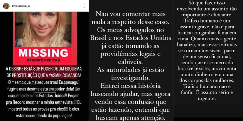 Primeiro trecho acusação de Letícia sobre Yasmiin. Segundo e terceiro trechos resposta da atriz sobre as acusações (Reprodução: Instagram) Primeiro trecho acusação de Letícia sobre Yasmiin. Segundo e terceiro trechos resposta da atriz sobre as acusações (Reprodução: Instagram)