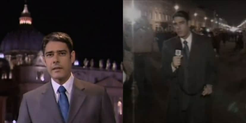 William Bonner na cobertura da morte do Papa João Paulo II, no Vaticano (Foto: Reprodução/Memória Globo) William Bonner na cobertura da morte do Papa João Paulo II, no Vaticano (Foto: Reprodução/Memória Globo)