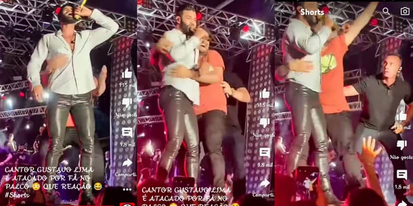 Gusttavo Lima foi agarrado por fã (Foto: Reprodução/Montagem/YouTube) Gusttavo Lima foi agarrado por fã (Foto: Reprodução/Montagem/YouTube)
