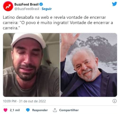 Latino pensa em encerrar a carreira após derrota de Bolsonaro (Foto: Reprodução/Twitter) Latino pensa em encerrar a carreira após derrota de Bolsonaro (Foto: Reprodução/Twitter)