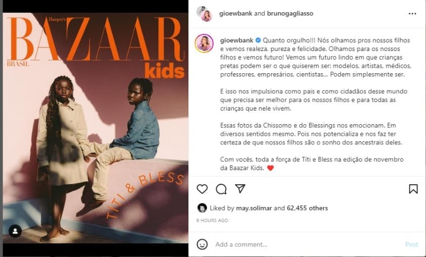 Post de Gio Ewbank (Foto: Reprodução/Instagram) Post de Gio Ewbank (Foto: Reprodução/Instagram)