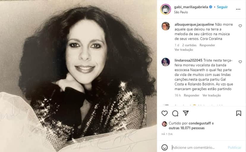 Marília Gabriela presta homenagem à Gal Costa, que faleceu na última quarta-feira (9) (Foto: Reprodução/Instagram) Marília Gabriela presta homenagem à Gal Costa, que faleceu na última quarta-feira (9) (Foto: Reprodução/Instagram)