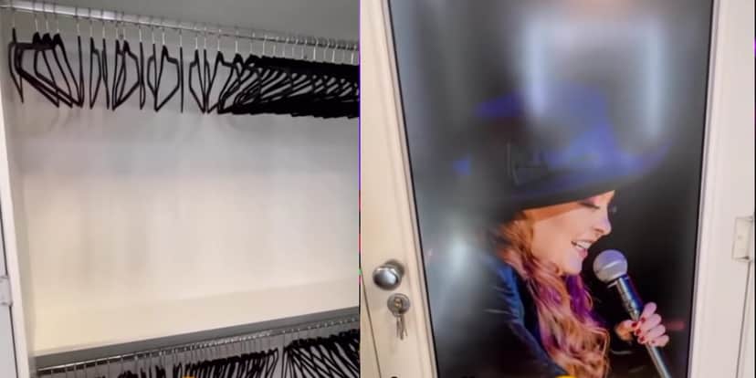 Porta do closet com a foto da cantora e grande espaço para guardar roupas (Reprodução: Youtube) Porta do closet com a foto da cantora e grande espaço para guardar roupas (Reprodução: Youtube)