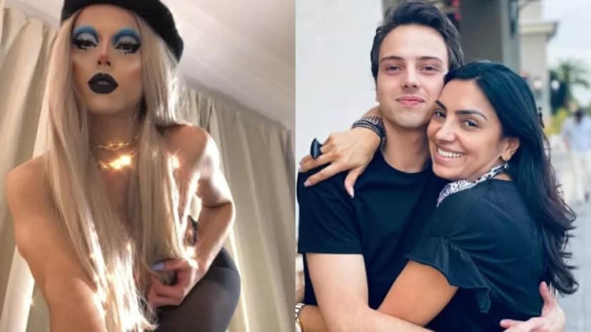 Lucas Santos montado como Drag Queen e em foto com a mãe (Imagem: Montagem) Lucas Santos montado como Drag Queen e em foto com a mãe (Imagem: Montagem)