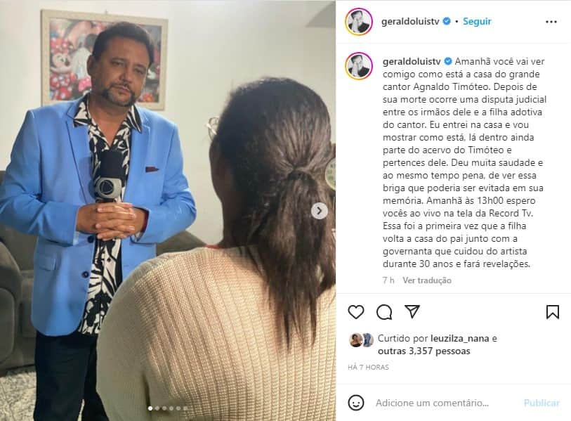 Geraldo Luís entra na mansão deixada por Agnaldo Timóteo - Foto: Reprodução Geraldo Luís entra na mansão deixada por Agnaldo Timóteo - Foto: Reprodução