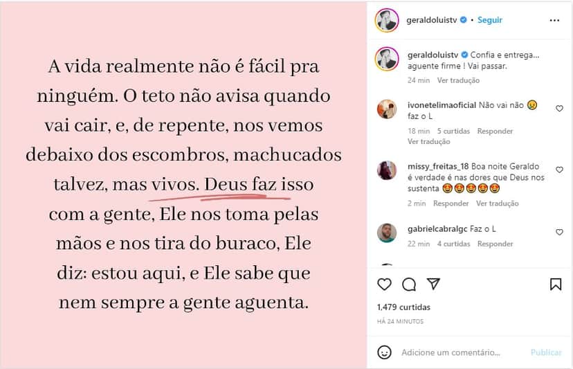 Geraldo Luís divulga mensagem com recado ao público - Foto: Reprodução Geraldo Luís divulga mensagem com recado ao público - Foto: Reprodução