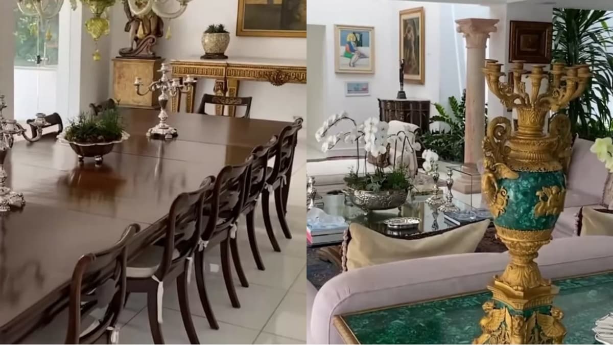 Sala de jantar e obras de arte compõe mansão milionária deixada pela rainha da televisão Sala de jantar e obras de arte compõe mansão milionária deixada pela rainha da televisão