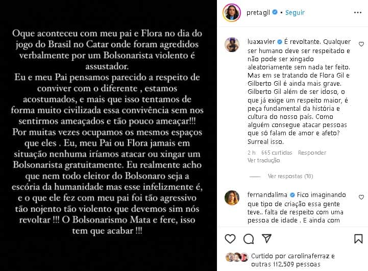 Preta Gil saiu em defesa de Gilberto Gil e Flora (Foto: Reprodução/ Instagram) Preta Gil saiu em defesa de Gilberto Gil e Flora (Foto: Reprodução/ Instagram)