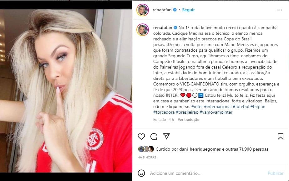 Renata Fan faz textão ao Internacional - Foto: Reprodução Renata Fan faz textão ao Internacional - Foto: Reprodução