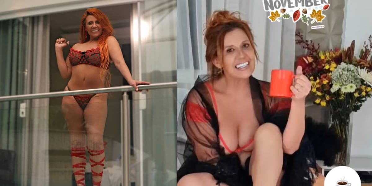 Rita Cadillac surgiu de lingerie vermelha e preta na sacada de um motel (Reprodução: Instagram) Rita Cadillac surgiu de lingerie vermelha e preta na sacada de um motel (Reprodução: Instagram)