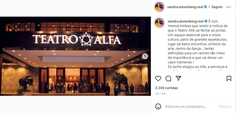 Sandra Annenberg lamenta fechamento de teatro em São Paulo - Foto: Reprodução Sandra Annenberg lamenta fechamento de teatro em São Paulo - Foto: Reprodução