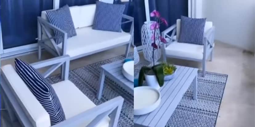 Varanda do apartamento, com poltronas confortáveis para apreciar a bela vista (Reprodução: Youtube) Varanda do apartamento, com poltronas confortáveis para apreciar a bela vista (Reprodução: Youtube)