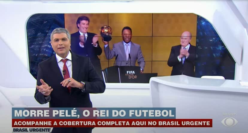 Joel Datena se emocionou ao anunciar a morte de Pelé, após a luta contra o câncer (Foto: Reprodução / Band) Joel Datena se emocionou ao anunciar a morte de Pelé, após a luta contra o câncer (Foto: Reprodução / Band)