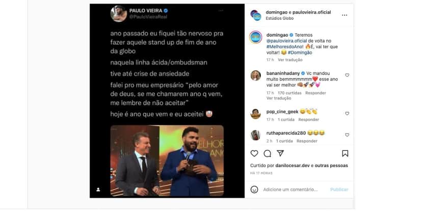 De acordo com Paulo Vieira, ano passado, ele se arrependeu de fazer stund-up no Domingão, de Luciano Huck (Reprodução) De acordo com Paulo Vieira, ano passado, ele se arrependeu de fazer stund-up no Domingão, de Luciano Huck (Reprodução)