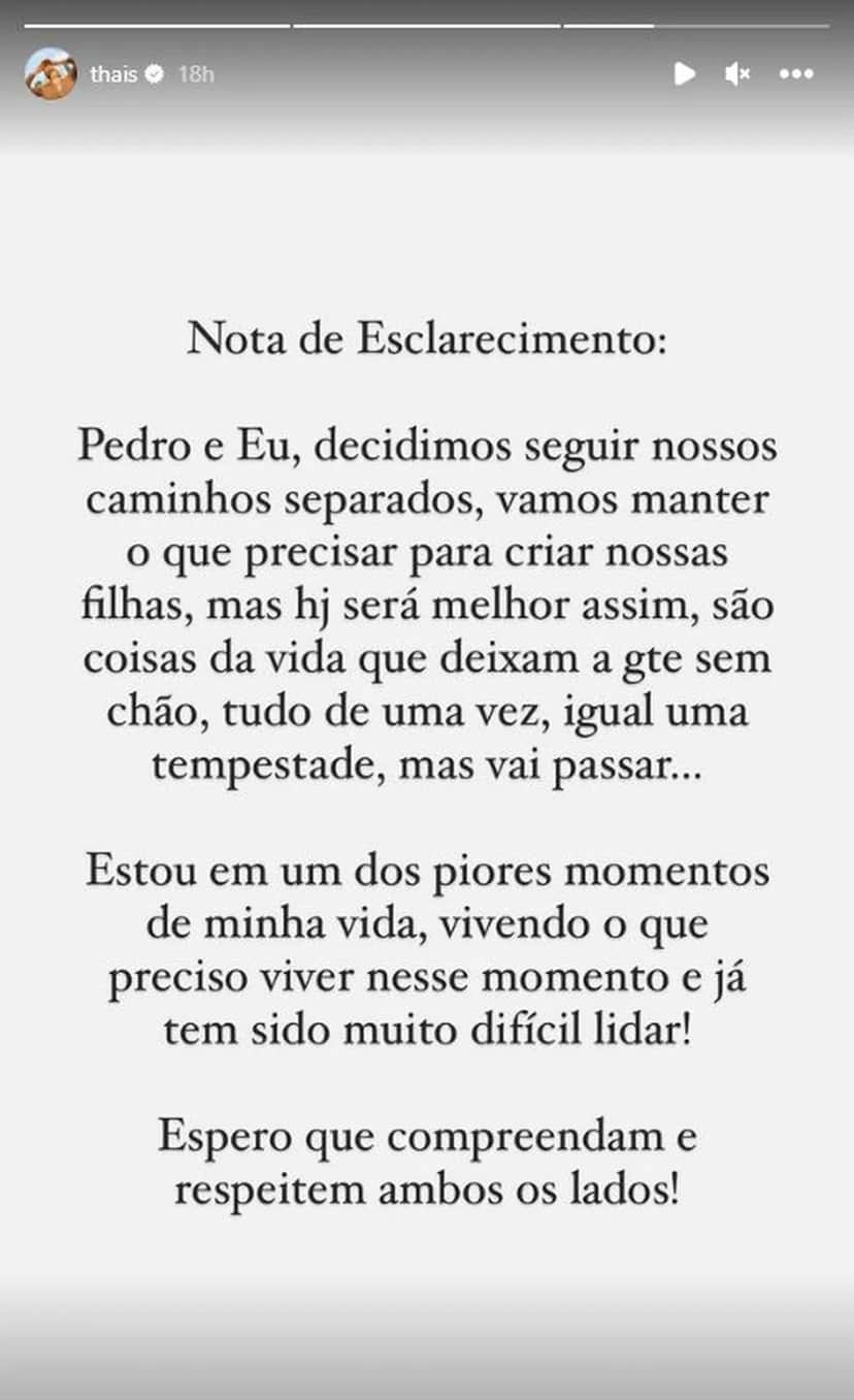 Postagem de Thais Gebelein sobre a separação com o filho de Leonardo, Pedro Leonardo (Foto Reprodução/Instagram) Postagem de Thais Gebelein sobre a separação com o filho de Leonardo, Pedro Leonardo (Foto Reprodução/Instagram)