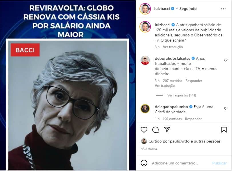 Bacci repercurtiu a notícia de que Cássia Kis teve o contrato renovado Bacci repercurtiu a notícia de que Cássia Kis teve o contrato renovado