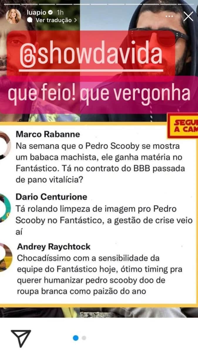 Luana Piovani decidiu ironizar entrevista de Pedro Scooby ao Fantástico (Foto: Reprodução/ Instagram) Luana Piovani decidiu ironizar entrevista de Pedro Scooby ao Fantástico (Foto: Reprodução/ Instagram)