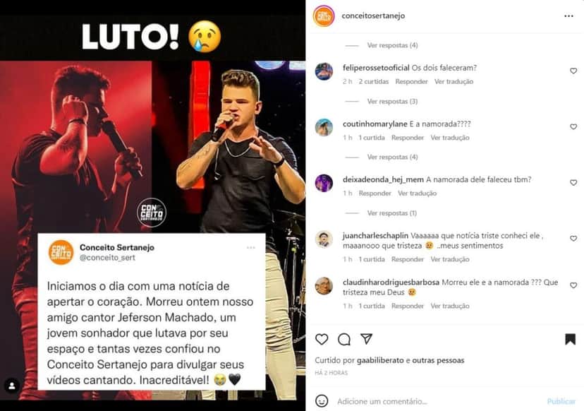 O perfil Conceito Sertanejo repercutiu a perda do cantor Jeferson Machado O perfil Conceito Sertanejo repercutiu a perda do cantor Jeferson Machado