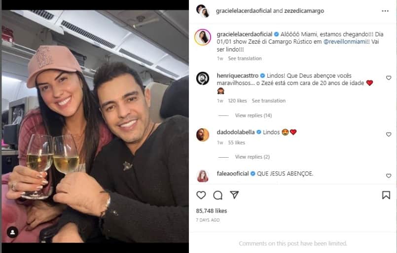 Graciele Lacerda e Zezé Di Camargo embarcaram para Miami e passaram o Réveillon na cidade norte americana (Foto Reprodução/Instagram) Graciele Lacerda e Zezé Di Camargo embarcaram para Miami e passaram o Réveillon na cidade norte americana (Foto Reprodução/Instagram)